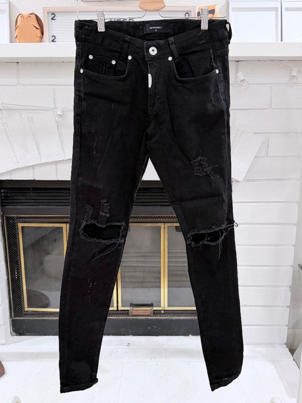 Represent Essentials Knee Destroyer Jet Black Denim Skinny Jeans